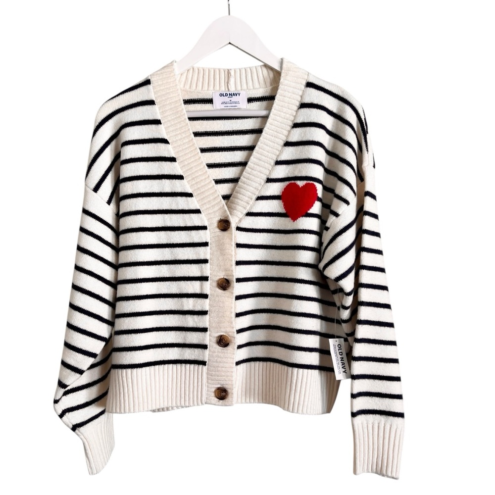 New OLD NAVY SoSoft V-Neck Valentine Heart 
Cardigan Sweater Striped Crm Navy M - Picture 9 of 13